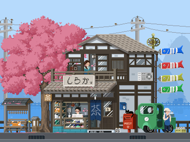 Streets in autumn animation gif illustrator japan pixelart ui