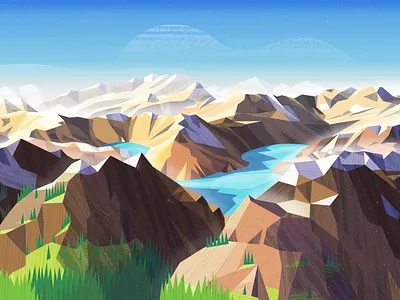 Peakvisor background design hike hiking illustration lake meadow mountains snow sunny vector