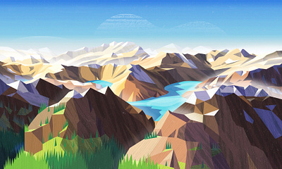 Peakvisor background design hike hiking illustration lake meadow mountains snow sunny vector