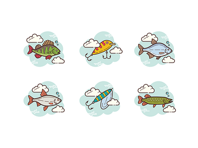 Fishing animals art artwork bream cloud design fire fish fishing icon illustration lure perch pike roach spinner ui vector web wobbler