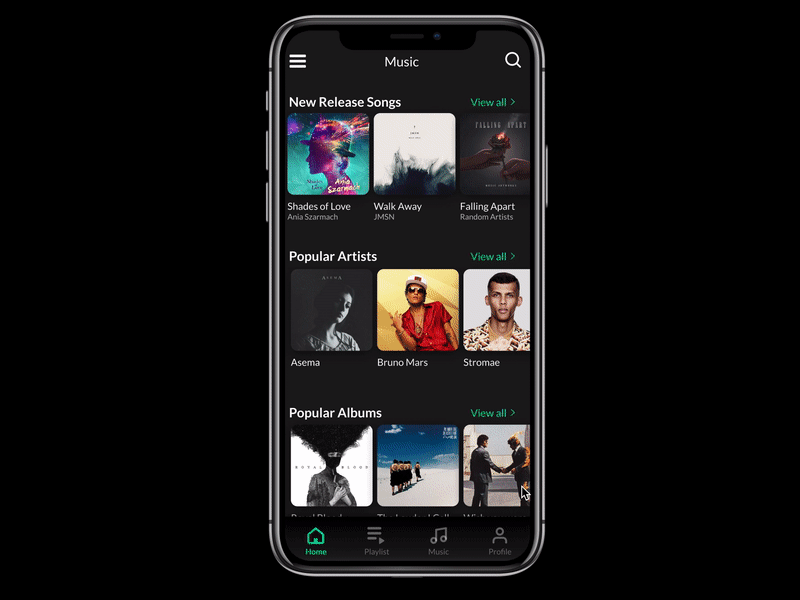Music Application animation app applicaiton dark darkmode figma prototype prototyping smart animation ui ux