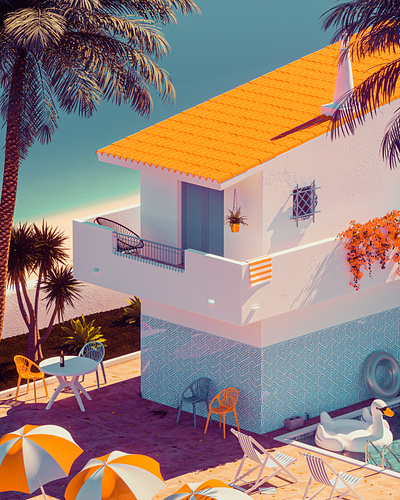 Portugal - Part 1 3d architecture blue cinema 4d colourful illustration inflatable mediterranean orange pool portugal poster relax render summer summertime swim teal vintage