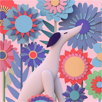 Spring doggo 3d 3d artist 3dcharacter c4d c4dart cgi character colors flowers illustration minimalist paperart