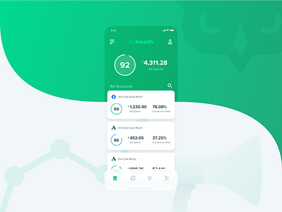AdHawk iOS - AdHealth Concept account ad ads campaign circle dashboard design facebook google infographic manage mobile mockup number product spend stat track ui ux