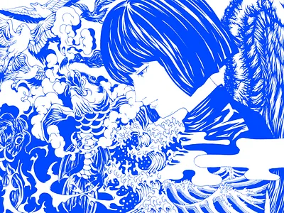 無常流転～Nothing Is Permanent～ bird cartoon fish girl illustration japan ocean wave pop pop art wings