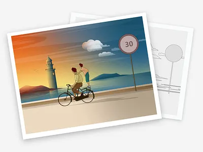 Follow the time bicycle day design illustration night sea