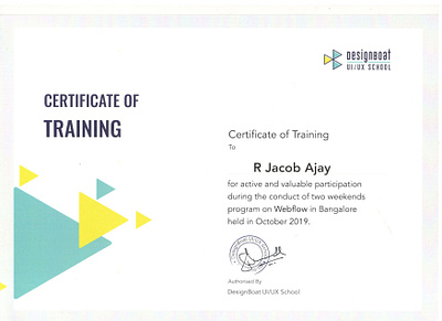 Webflow Certificate : R.Jacob Ajay certificate design certification color design expert name tag webflow