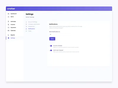Settings page for Crater accounting crm dashboard dashboard app free github invoice notifications open source settings settings page ui uiux