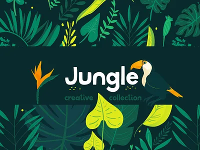 Jungle product on Creative Market cute animal dark background floral design flower green illustration art neon colors orange palm plant illustration plants toucan tropical leaves vector