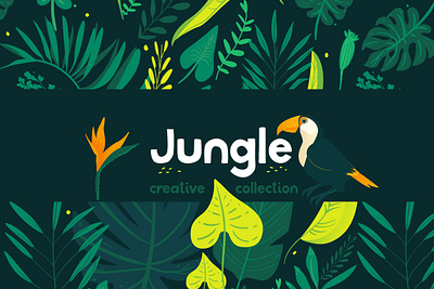 Jungle product on Creative Market cute animal dark background floral design flower green illustration art neon colors orange palm plant illustration plants toucan tropical leaves vector