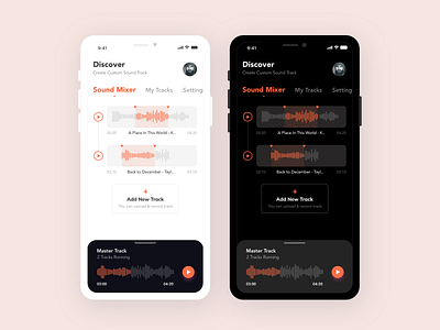 Sound Track Mixer add android app cards creative dark ui design ios landing mixer music play settings sound soundwave tabs time track ui uiux