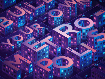 Buildiq Sans Pro modular typeface 3d blocks building building design car city design illustration isometric light metropolis modular night photoshop road skyscraper typography vector window