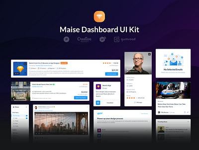 Maise Dashboard UI Kit behance content dashboard icons login mail messages movies music news newsfeed product productivity sell signup social ui uikit ux website