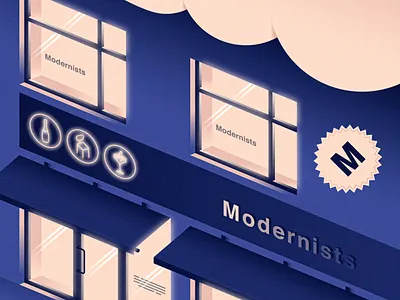 Modernists. Champagne bar 2. 3d blue city contrast dark flat geometric gradient grain house illustration isometric light neon orange poster ui vector web yellow