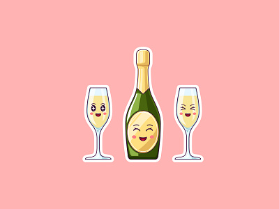Cute Kawaii Champagne, Stickers bottle cartoon champagne character cheerful cheers christmas comic cute emoji emotion goblet holiday illustraion joyful kawaii new year party sticker wineglass