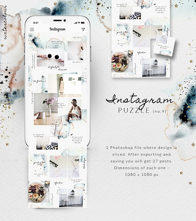 Instagram puzzle template - Watercolor blogger kit branding branding design collage fashion golden stars insta grid instagram puzzle instagram puzzle template instagram template lifestyle moodboard social media design social media pack socialmedia style stylish tileables watercolor watercolour