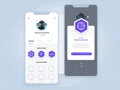 Trash Tag - Badges in the app app badge ecology figma game minimal mobile mobileapp mockup purple software house stepwise trash trashtag ui ux uxaudit webgame