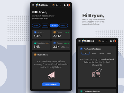 Dark Mode - Salesla Dashboard - Mobile Screen - Amazon Sellers amazon app clean customer dark dashboard design flipkart mobile product pwa responsive sale salesla sellers theme ui uiux ux web