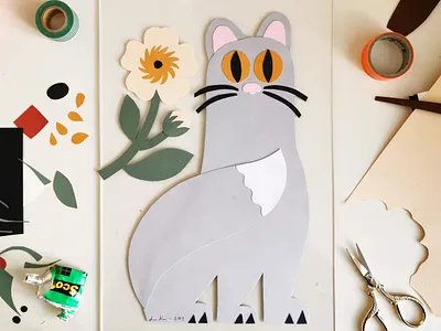 Paper Cat 2d animal cat colorful cute flat color handmade illustration leena kisonen paper art papercraft papercut pastels scandinavian