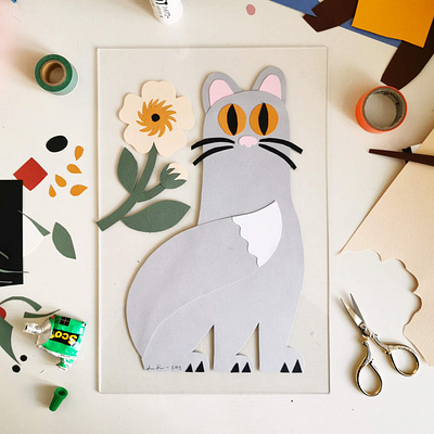 Paper Cat 2d animal cat colorful cute flat color handmade illustration leena kisonen paper art papercraft papercut pastels scandinavian