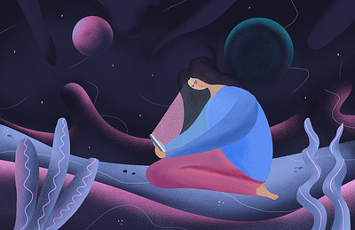 Reading time artwork astro character editorial flat galaxies illustration mobile people phone planets reading stars texture