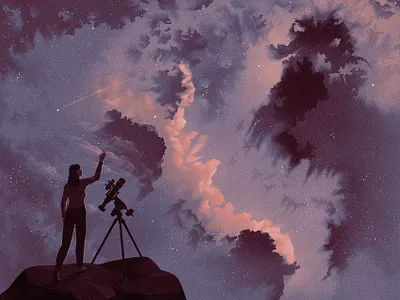 Stargazing astronomy clouds digital editorial eleni debo folioart illustration silhouette sky space texture woman