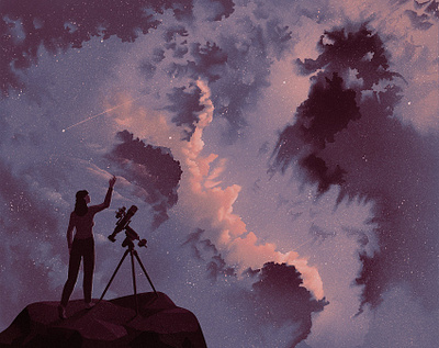 Stargazing astronomy clouds digital editorial eleni debo folioart illustration silhouette sky space texture woman