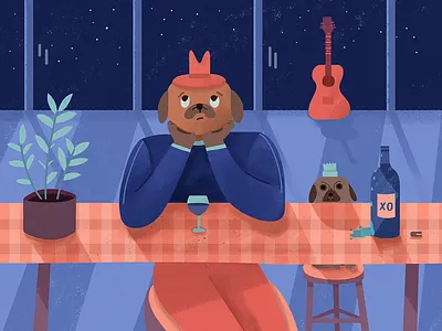 Single dog illustration lonely red wine 品牌