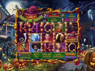 "Trick or Sweet" slot machine bat blackcat cast castle coffin dark digital halloween holiday illustration jackolantern night pumpkin slot design slotopaint ui ux vampire web witches