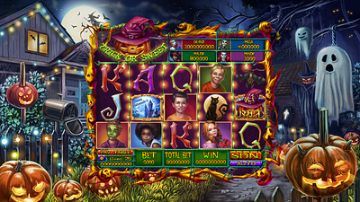 "Trick or Sweet" slot machine bat blackcat cast castle coffin dark digital halloween holiday illustration jackolantern night pumpkin slot design slotopaint ui ux vampire web witches