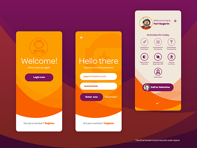 Welcome back Gagarin adobexd concepto dashboard design flymetothemoon heroes login profile space