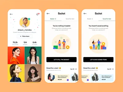 E Commerce Next Screens app cart clean empty states illustration product design profile stats trendy typography ui ux