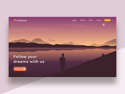 Homepage & illustration bird dawn dream dusk homepage illustration landing page landscape lodestar nightfall red river silhouette sky star twilight uidesign water web wish