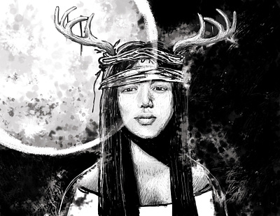 Hunter's Moon antlers black and white full moon halloween illustration october sketch true detective