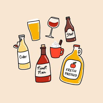 Fall Drinks autumn beer beer art bottles cider cute drinks fresh pressed juice graphics icons illustration label pinot noir pumpkin spice stout wine