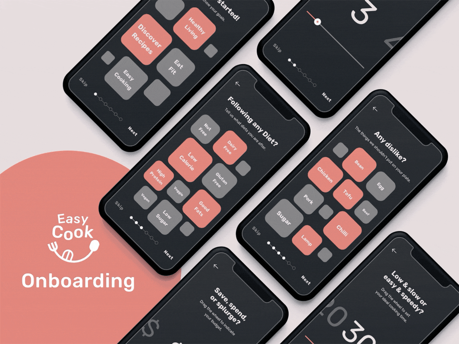 EasyCook Recipes & Groceries Onboarding concept animate app clean cook dark design grocery ios onboarding principle recipe sketch ui uidesign