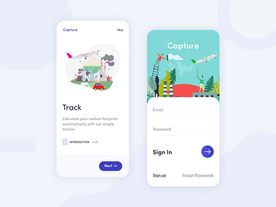 Capture App air pollution app design application carbon carbon fiber carbon footprin clean climate change environment pollution flat global warming illustration iphonex minimal natural sign in sign up