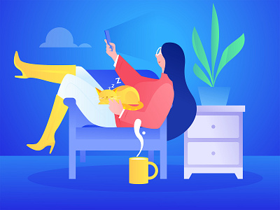 Girl playing cell phone on sofa app branding color design flat illustration mobile ui vector web