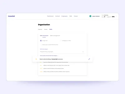 Innential skills manage app dashboard dashboard app dashboard design dashboard ui desktop edit management management app radio button radio buttons rate rating teams users web app website website design white whitespace