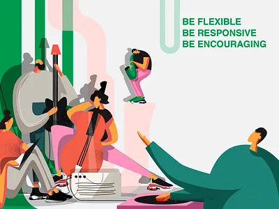 Illustration for a blog post "HOW TO MOTIVATE A REMOTE TEAM" character character design developers illustration illustration art itechart music orchestra teams texture