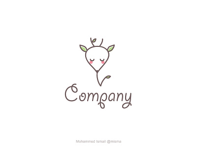 cute deer logo branding brownish cartoon character character clean cute deer face flat green illustration leaves logo plant simple vector