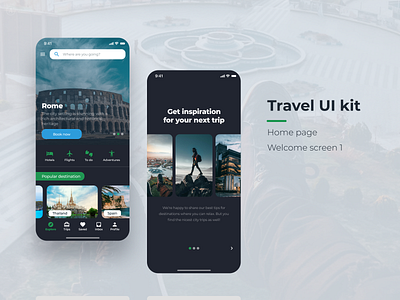 Travel app UI kit app clean dark dark ui home inspiration ios mobile mobile app travel ui ui kit uikit welocme