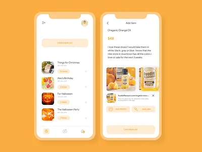 Wisy Wish/Gift List App app design app ui gift app mobile app design mobile app ui orange app ui wishlist app yellow app ui