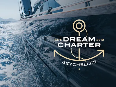 Dream Charter Logotype anchor blue catamaran charter cruise design dream holiday linear logo logotype ocean sailing sand sea seychelles symbol yacht