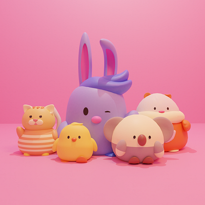 Bunny Gang 3d 3d art blender blender3d bunny cartoon cat character characterdesign chick cute animal