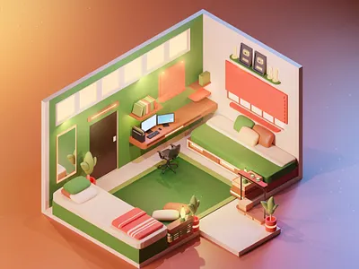 Bedroom for Ruangkarya's project 3d 3dart bed bedroom blender green isometric october orange