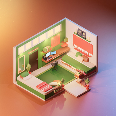 Bedroom for Ruangkarya's project 3d 3dart bed bedroom blender green isometric october orange