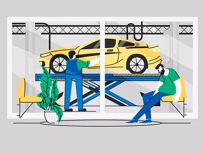 Waiting ... anger bmw bored boredom car character design clean garage glass illustration mechanic outline plant repair strokes wait waiting work worker yellow