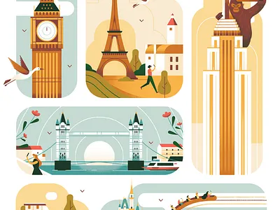 Selfie Spots animal architecture big ben building city collage editorial eiffel tower empire state building flat illustration kingkong landmark london london bridge new york paris selfie travel vector