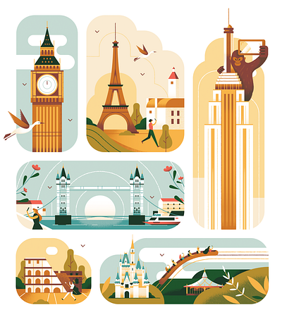 Selfie Spots animal architecture big ben building city collage editorial eiffel tower empire state building flat illustration kingkong landmark london london bridge new york paris selfie travel vector